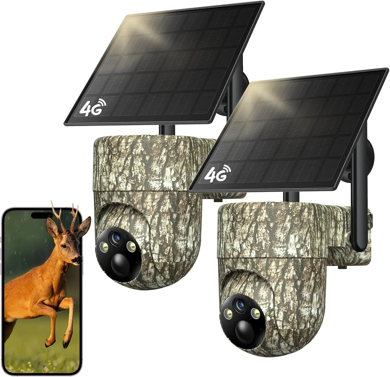 4G LTE Cellular Trail Camera 2-Pack, 360° Panoramic Live View, Built-in SIM Card, PIR Motion Activated, 2K Night Vision, Solar Powered, IP65 Weatherproof, No WiFi Needed, Camouflage Security Camera