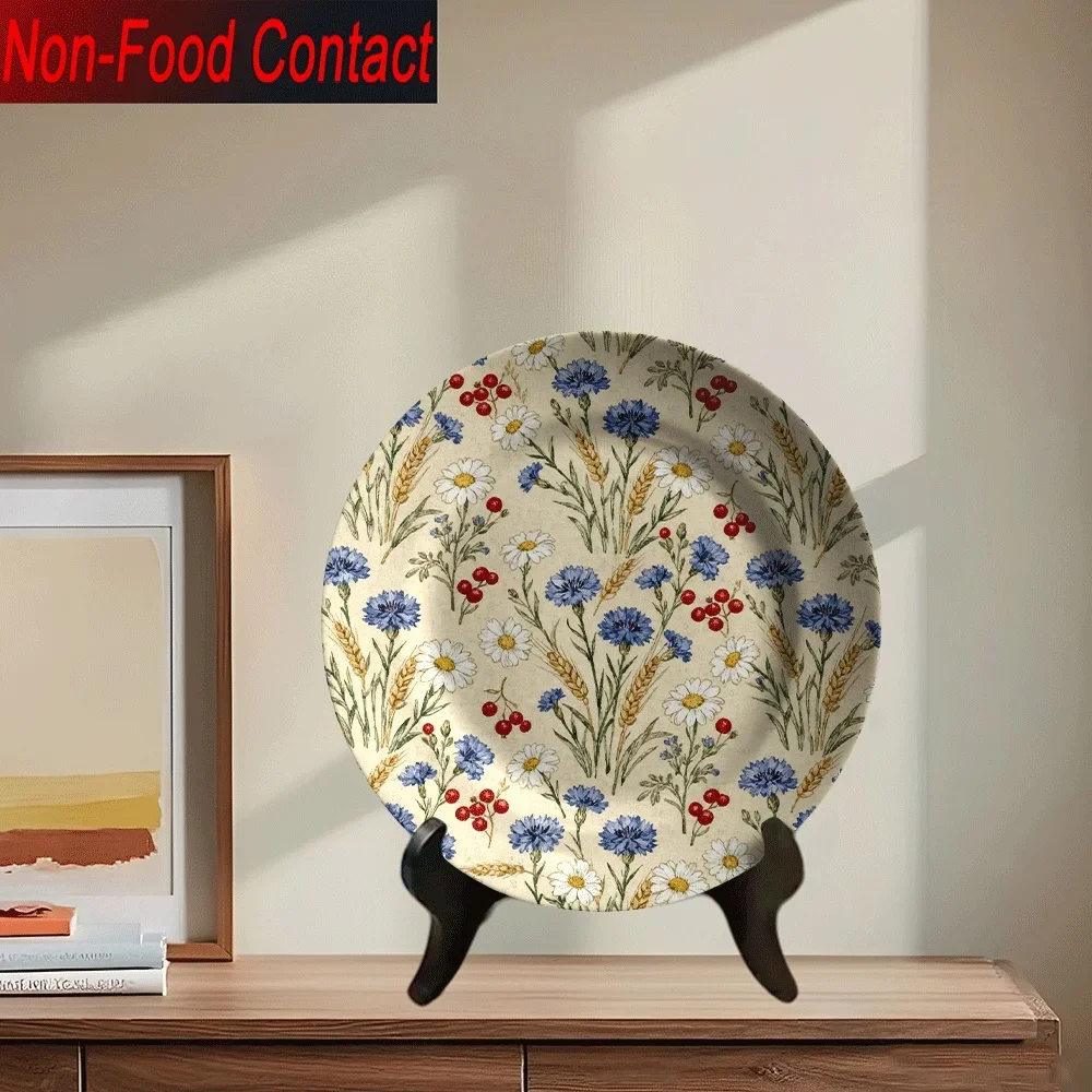 1pc Ceramic Decorative Plate - Hand-Painted Red Chamomile/Oregano Herbs, Wheat Stalk & Daisy Flowers - Round Non-Food Contact