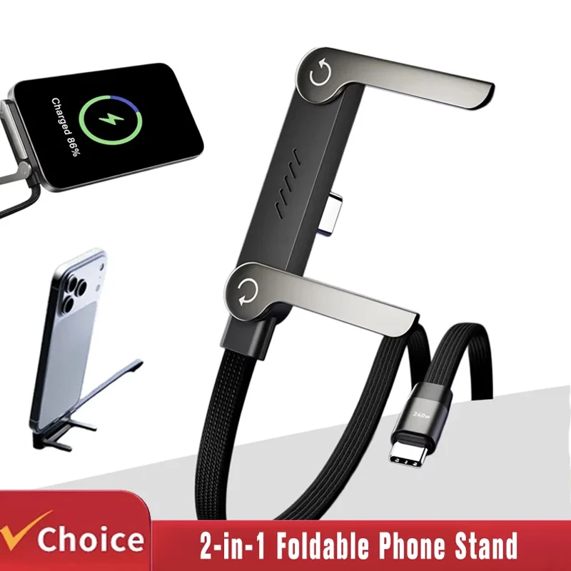 

240W Dual USB-C Fast Charging Cable With Foldable Phone Stand Braided For iPhone 15-17 For Android For Laptop Tablet Daily Use