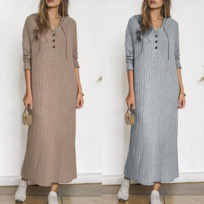 

Striped Dress Women's Hooded Dresses Korea Autumn Winter Casual Button Autumn Winter Loose Long Sleeved A-line Long Skirt New