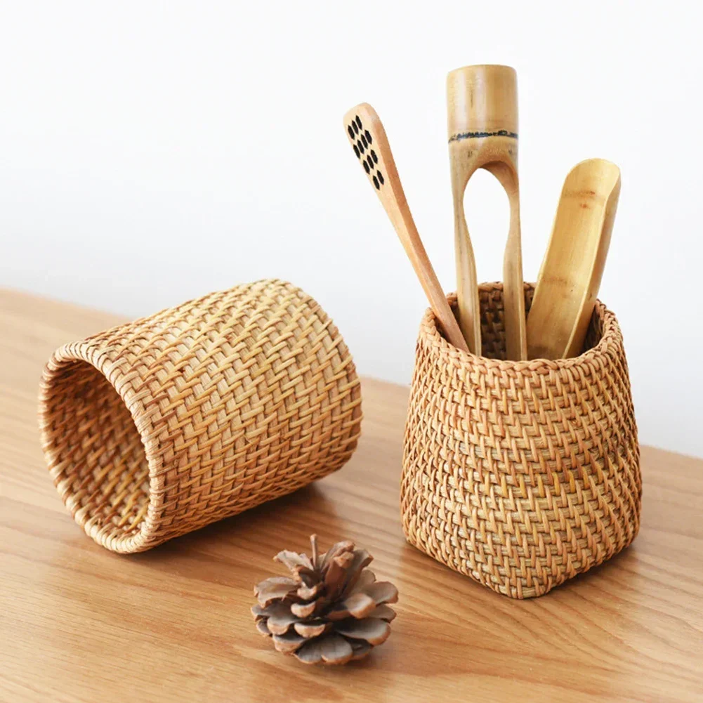 Manual Rattan Chopsticks Tube Shovel Spoons Bucket Dinner Knives Forks Tableware Storage Box Home Storage Baskets Organizer Box