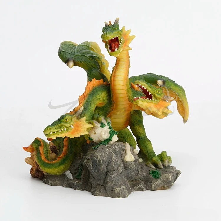 Three Headed Green Forest Dragon Resin Figurine Fantasy Hydra Dragon Statue Rocky Mountain Base Mythical Creature Room Ornament