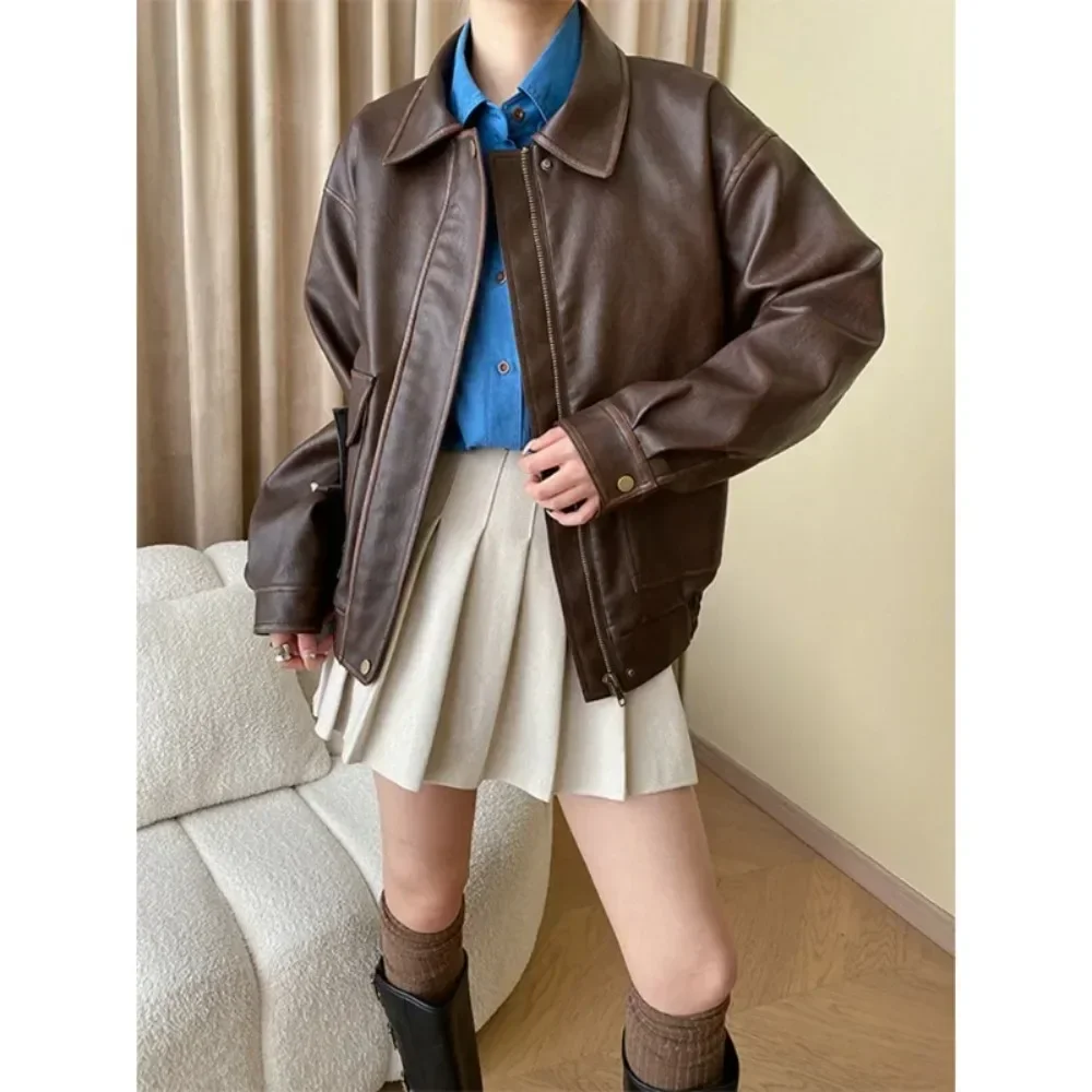 Vintage Maillard Leather Jacket Silhouette Craft PU Leather Motorcycle Jacket Top Women Loose Thickened Brown Coat Spring Autumn