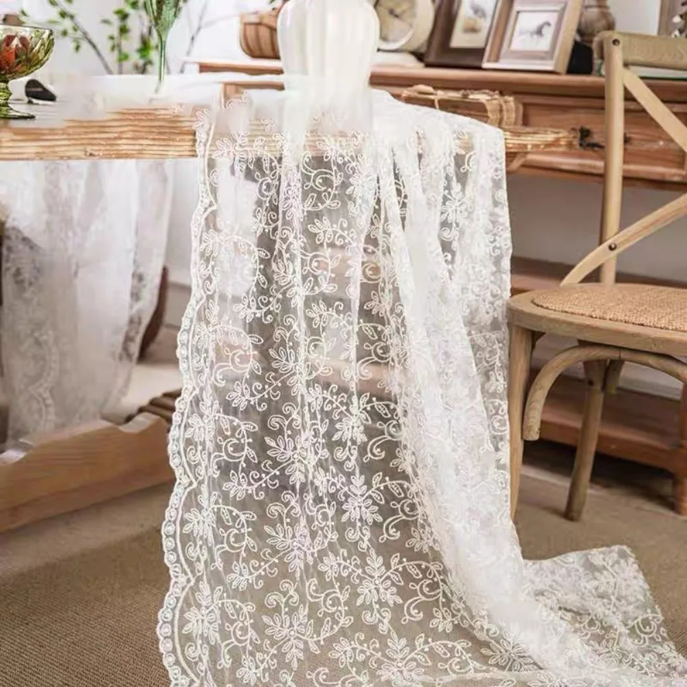Romantic Embroidered French Lace Tablecloth Organza Vintage Table Cover White Table Linen Afternoon Tea