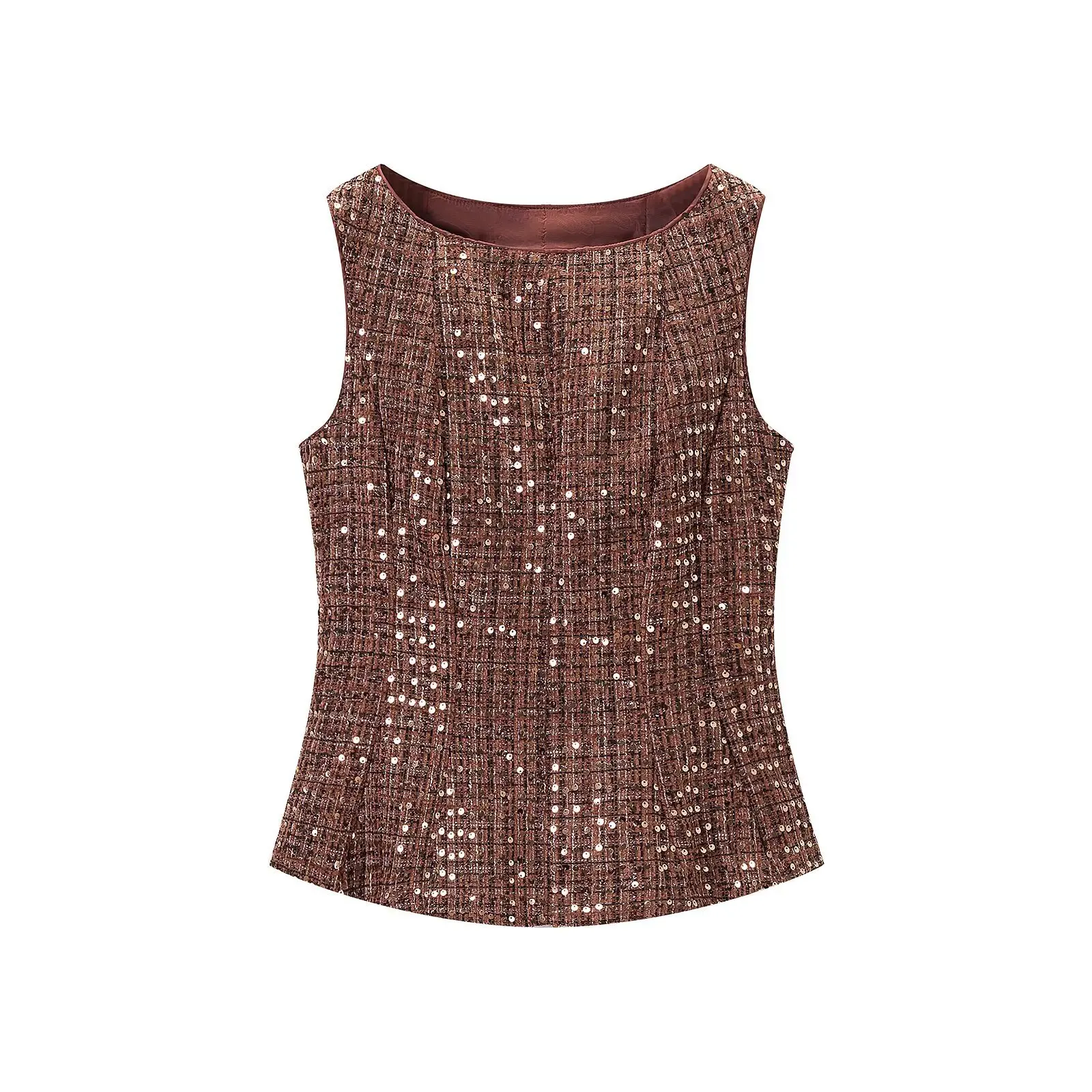 CHIC Women O Collar Mix Brown Beading Bright Sequins Tank Top Tweed Sleeveless Base T-Shirts Sexy Girl Crop Top
