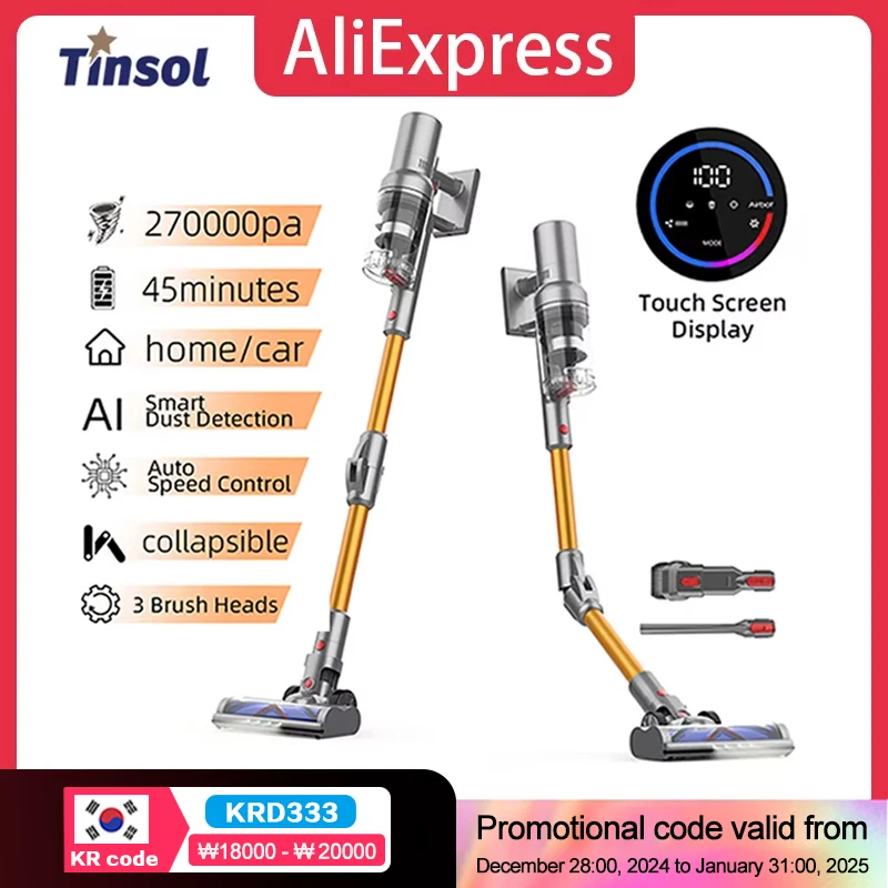 Tinsol Cordless Vacuum Cleaner Portable Handheld Vacuum Cleaner Intelligent Dust Sensor Touch Screen Display Auto Speed Control