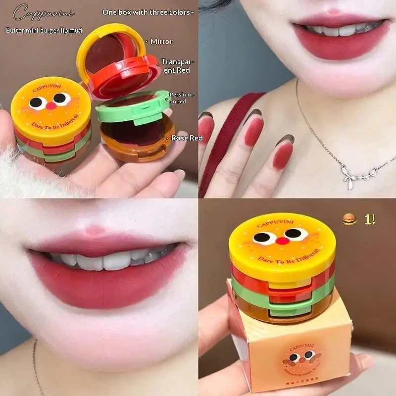 Cappuvini Three Layer Velvet Lip Mousse Matte Butter Long-Lasting Non-Drying Cute Hamburger Design Compact And Portable
