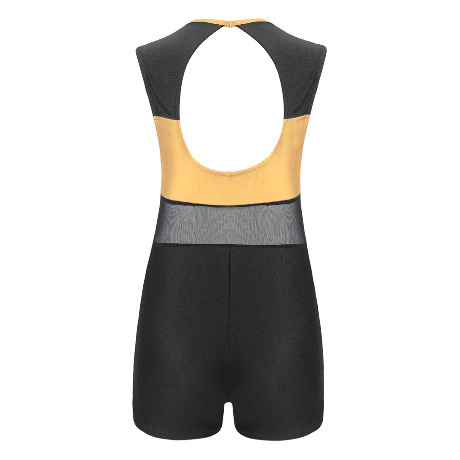 Kids Girls Ballet Gymnastics Leotards Sleeveless Sheer Mesh Patchwork Backless Boxer Jumpsuit for Dance Traning Performance