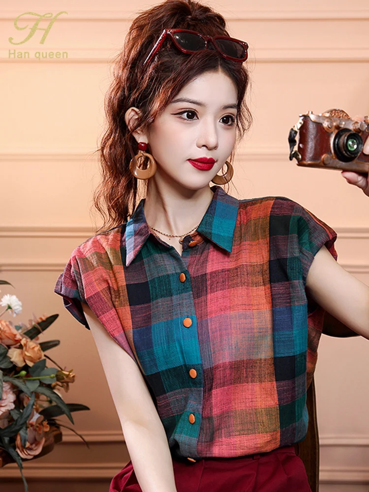 H Han Queen 2024 Summer Tops Simple Fashion Office Blouse Female Plaid Shirts Casual Korean Chiffon Short Sleeve Blouses Women