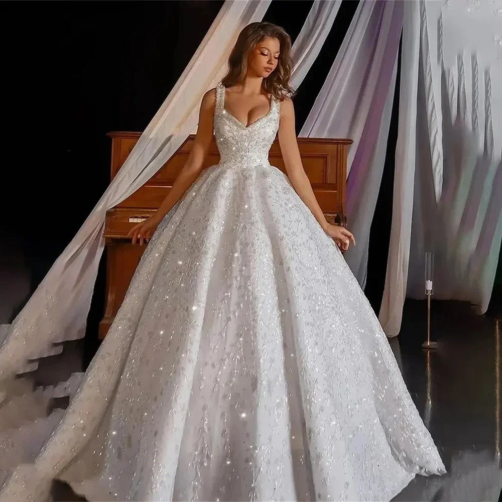 Customized Luxury V-neck Sparkling Princess Wedding Dress Thin Straps Sleeveless A-line Backless Bridal Ball Dress