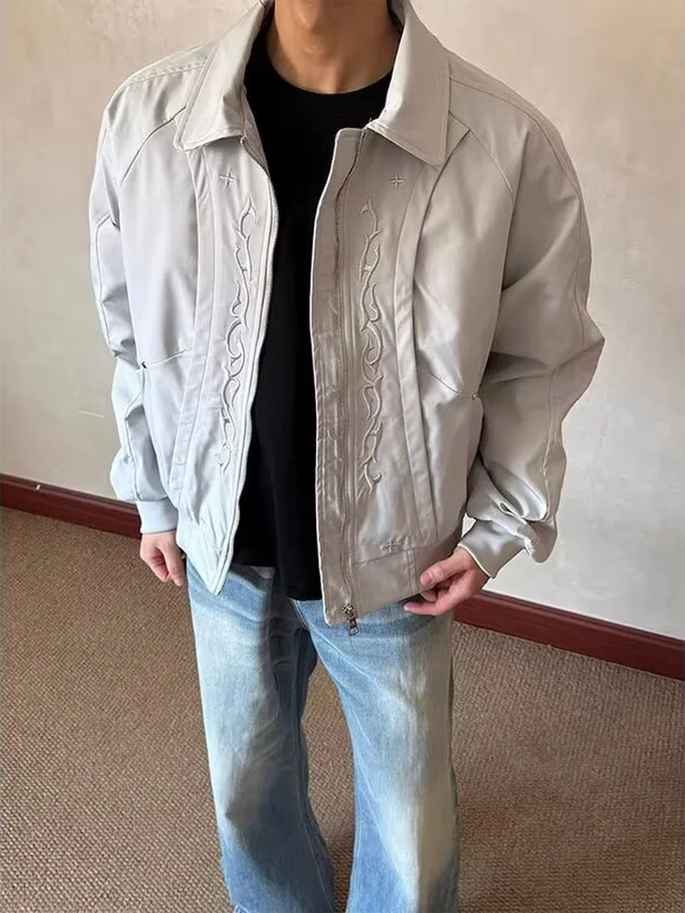 Retro American Embroidered Loose Fit Short Wide Men's Jacket Spring Trendy Pilot Style Deconstructed Outerwear Casual Jeans