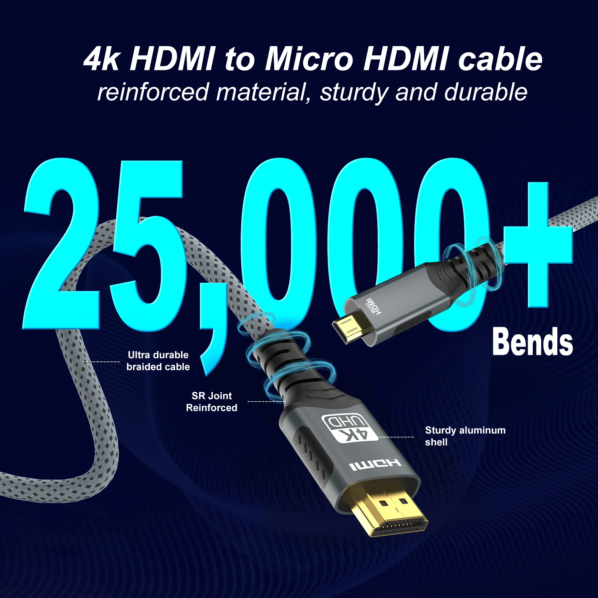 Micro HDMI-kompatibel zu HDMI Kabel 18 Gbit/s 4K @ 60 Hz Geflochtener bidirektionaler Adapter Konverter für HDTV PS4 Tablet XBOX Kamera – Detail 8