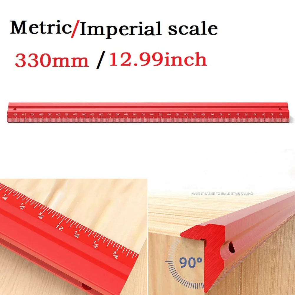 Régua de medição de liga de alumínio, 330mm/13 polegadas, métrica vermelha/polegada, régua de escala para carpintaria, ferramenta precisa de marcação de medição de carpintaria