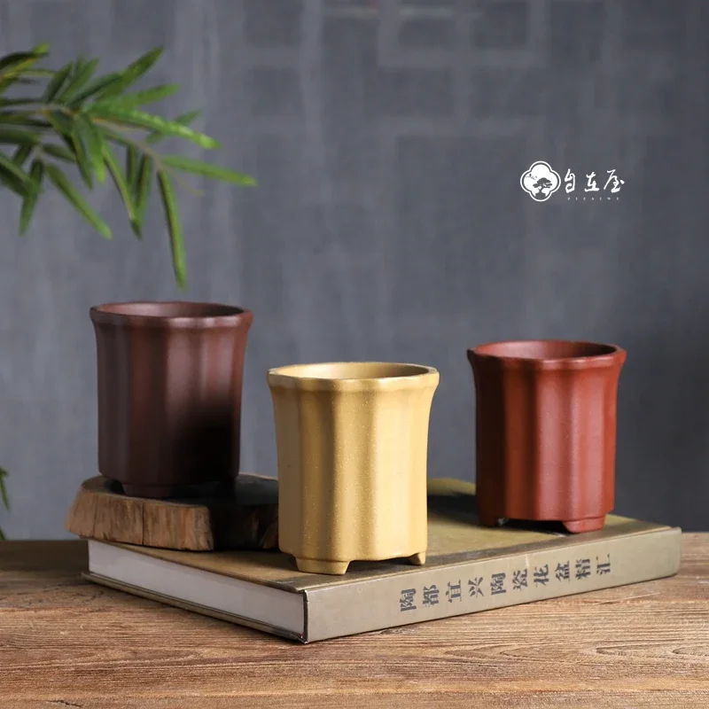 yesChinese Carved Classical Shape Garden Decoration, Purple Sand,Zisha, Nature Color Bonsai Pot, Small Vase, Tradition