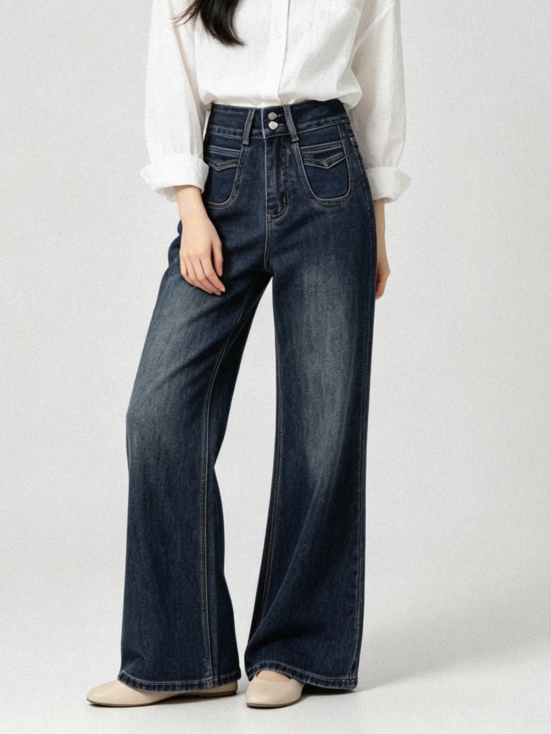 High Waist Bell Bottom Jeans Blue Retro Hong Kong Style Korean Version Slimming Skin-Friendly Long Trousers for Women