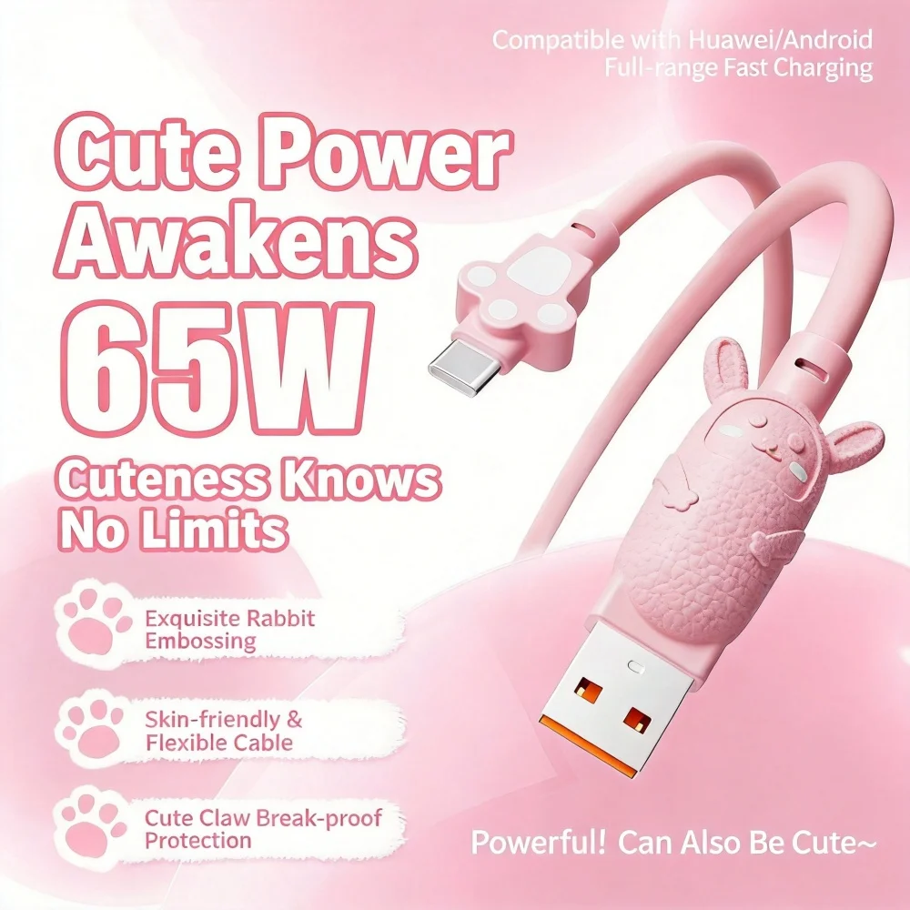 Cute Rabbit 65W USB A to Type C Fast Charger Cable Kawaii Cat Paw Connector Reinforced Bend Resistant Charging Wire for Smartpho