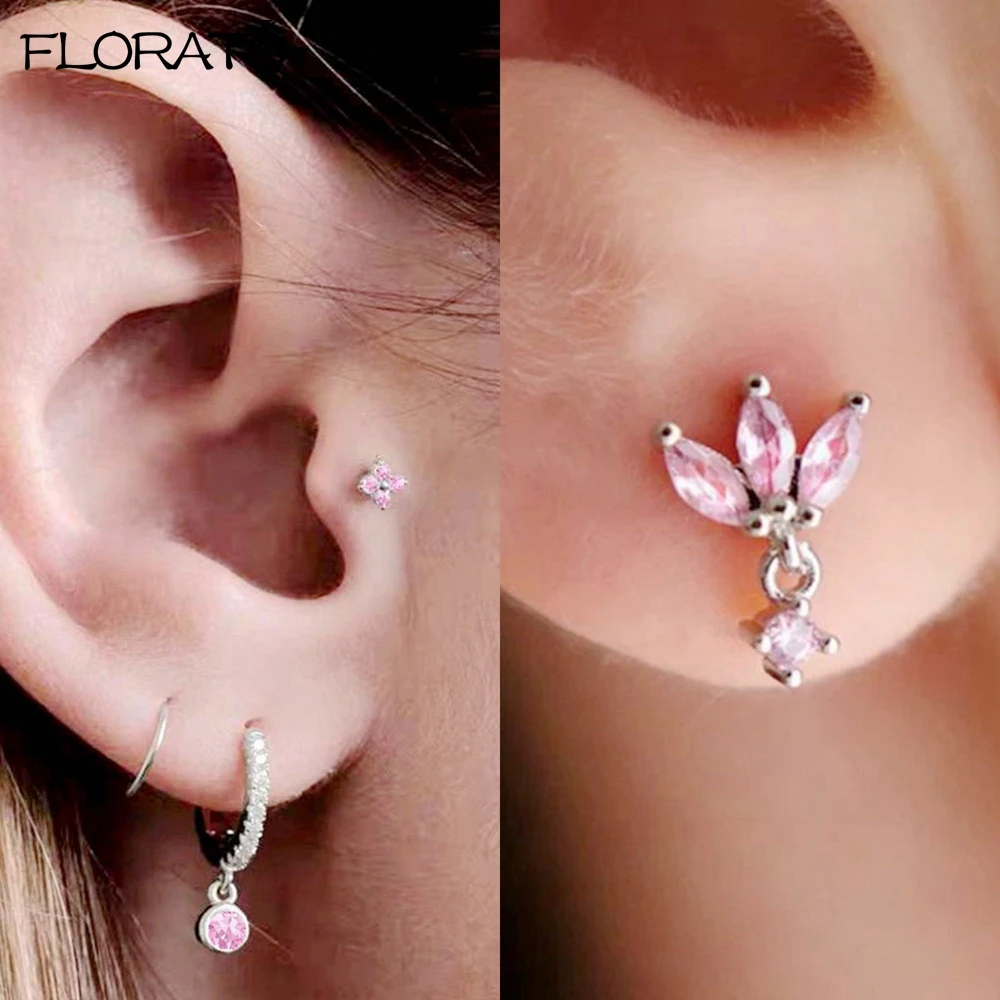 925 Sterling Silver Needle Cute Pink Crystal Pendant Earrings Sparkling Zircon Hoop Earrings for Women Fashion Piercing Jewelry