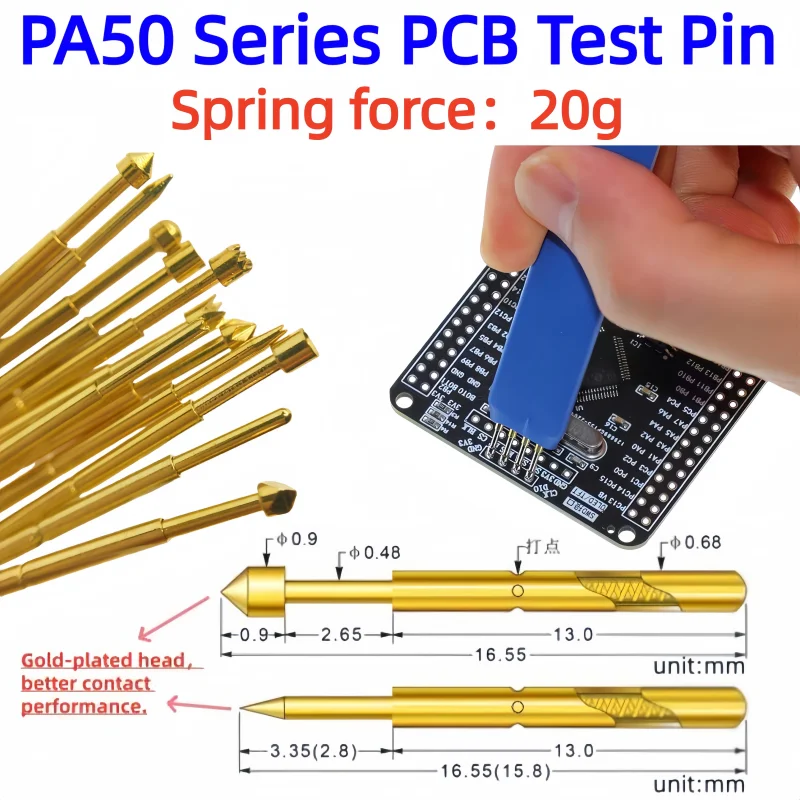 PA50 Series 20g Light Elastic Force Spring Force Spring Test Pin Test Pin Pogo Pin For PCB Test PA50-B P50-B Gold Plated Tip