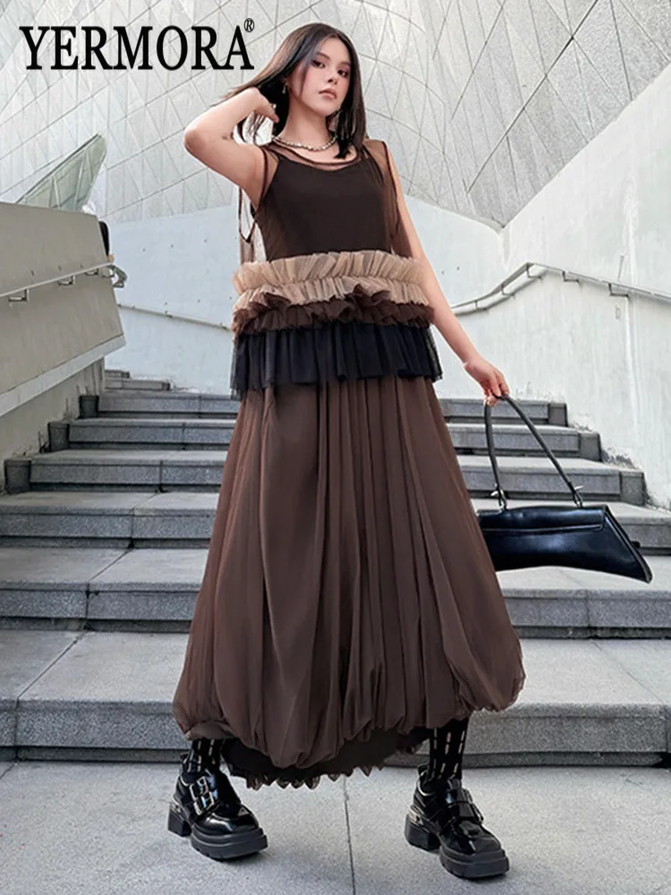 

YERMORA Women's Two Pieces Set Brown Mesh Pleated Casual Vest O-Neck Loose New Half Body Skirt Fashion Tide Spring Summer 2026