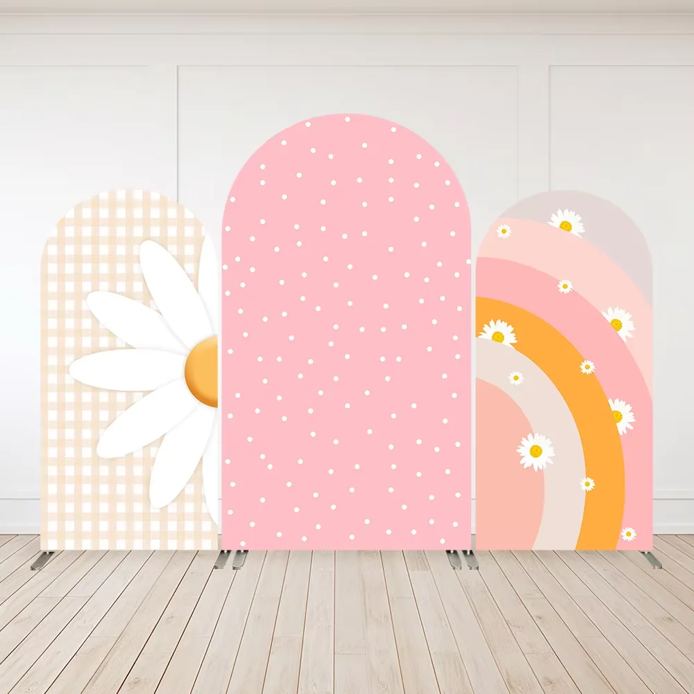 

Mehofond Groovy Rainbow Arch Backdrop Cover Pink Daisy Flower Baby Shower Birthday Party Chiara Arched Wall 2-Sided Background