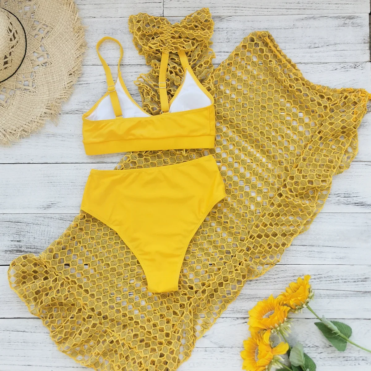 Gonna vintage in rete gialla Set bikini a 3 pezzi Costume da bagno donna con volant push up a vita alta 2025 Costume da bagno da spiaggia Costumi da bagno per le vacanze
