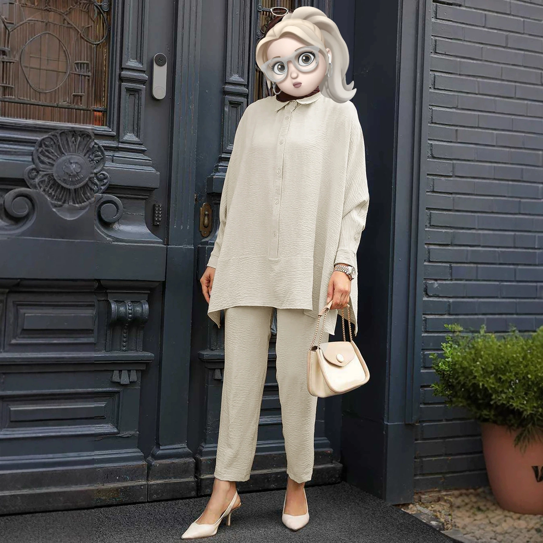 Comfortable Loose Middle East Sle Batwing Sve irt And Pants Set Long Sve Button up Faionable Women's Ensemble