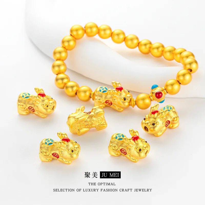 

New Chinese style 24K real gold colored gold swallowing baby Pixiu accessories enamel color auspicious beast bracelet 9999 diy