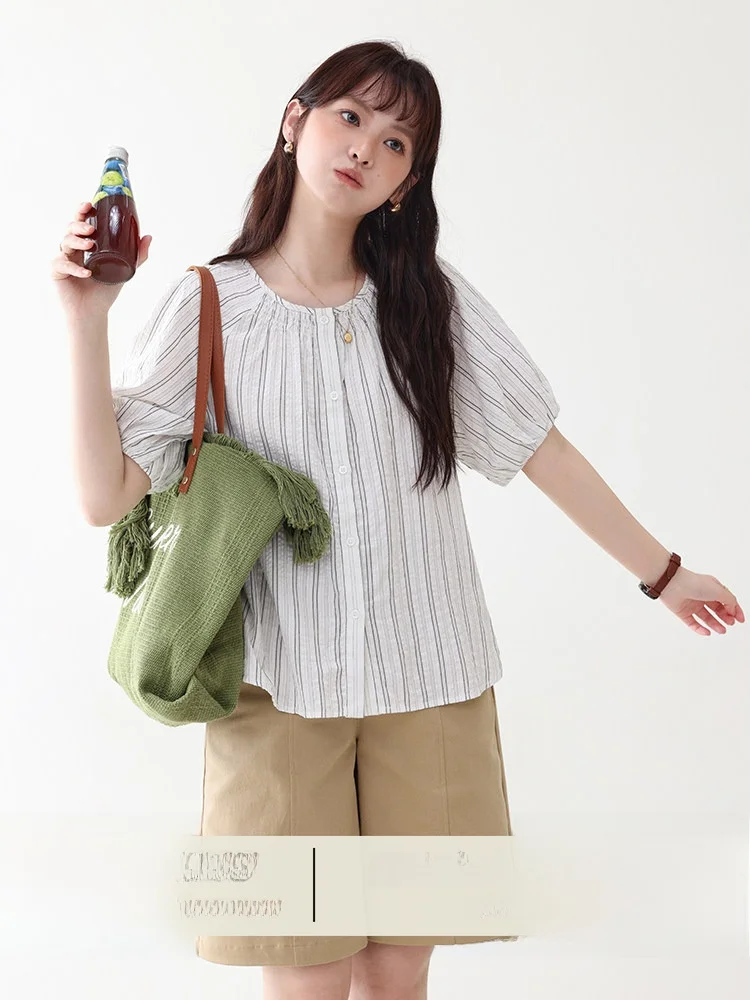 

AMUU North Island Cotton Shirt Women's Summer New Commute Loose Pure Cotton Top Shoulder Sleeve Insert Stripe Pattern Single ...