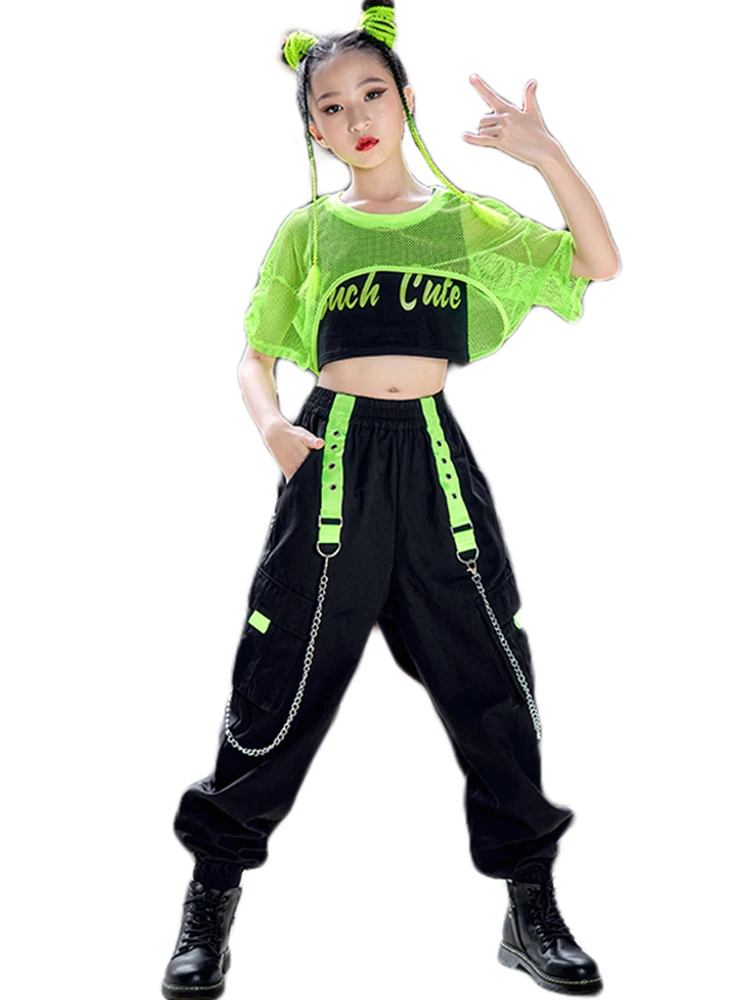 Hip Hop Girls Clothes Jazz Dance Costume Green Net Tops Black Pants Modern Street Dance Wear Kpop Performance Stage Wear BL8602