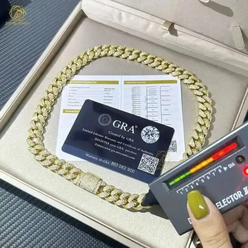 

Усовершенствованная настройка 15 мм Iced Out Майами Cuban Link Pass Алмазный тестер Vvs Муассанит Ювелирное ожерелье Хип-хоп Кубинская цепочка