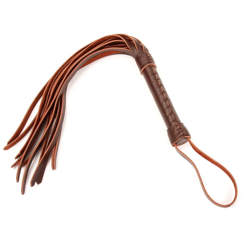 Brown Genuine Leather Horse Whip, 49CM Short Bull Whip Cowhide Horse Riding Whip Handle with Wrist Strap