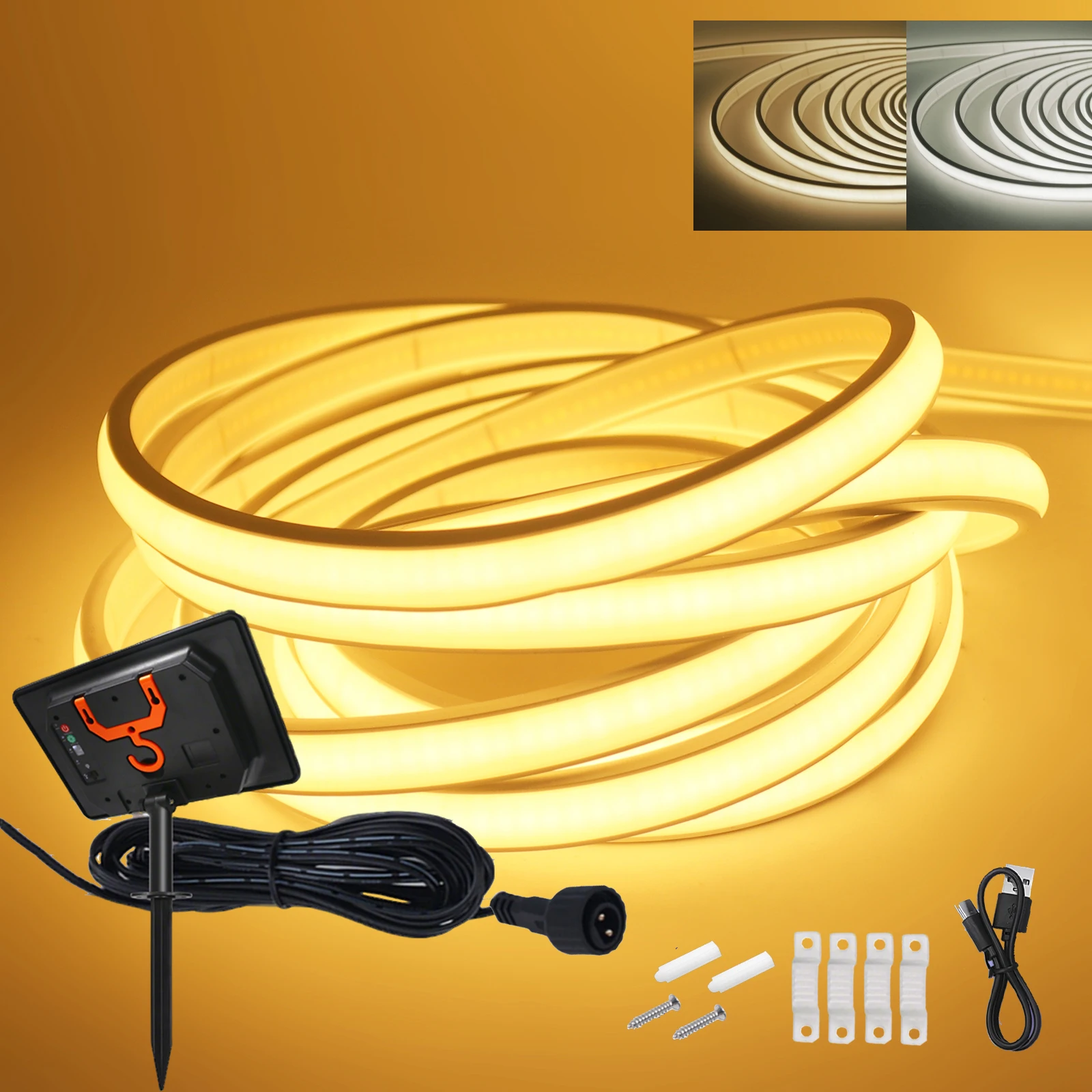 Taśma LED COB 24V solarna, zewnętrzna, wodoodporna, neonowa, 320 LED/m, elastyczna lina świetlna, ciepła, naturalna biel, oświetlenie do ogrodu, domu. — Zdjęcie 2 z 2