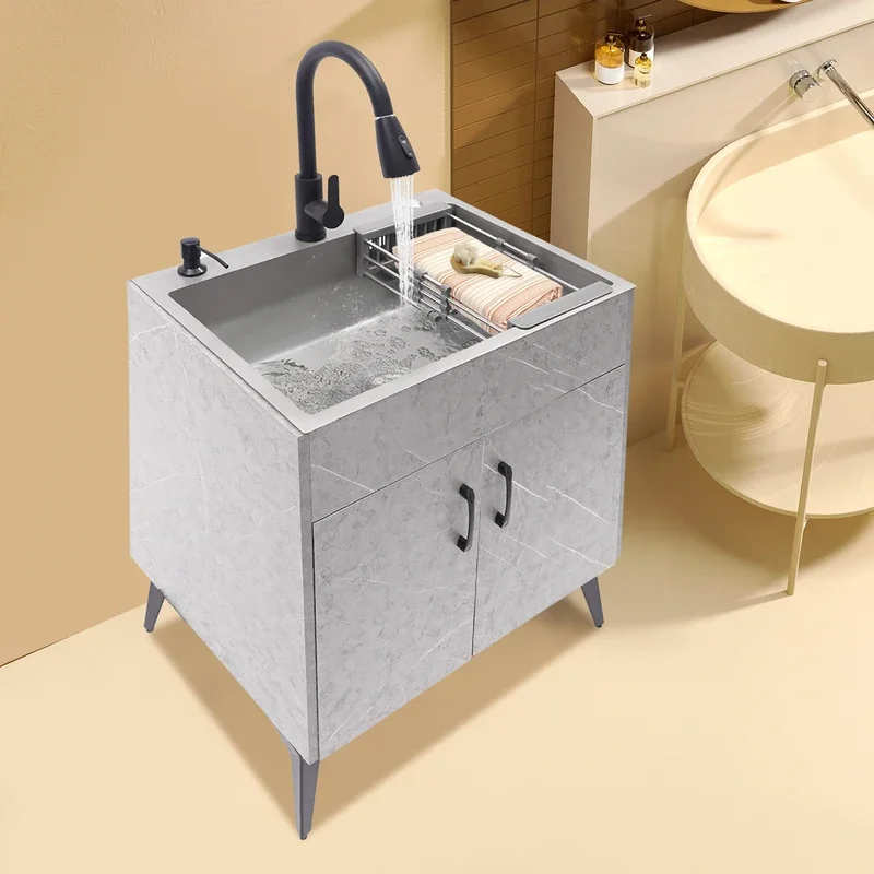 STAINLESS STEEL Sink with Cabinet and Faucet Portable Laundry Sink for Laundry & Utility Room Multi-functional Kitchen