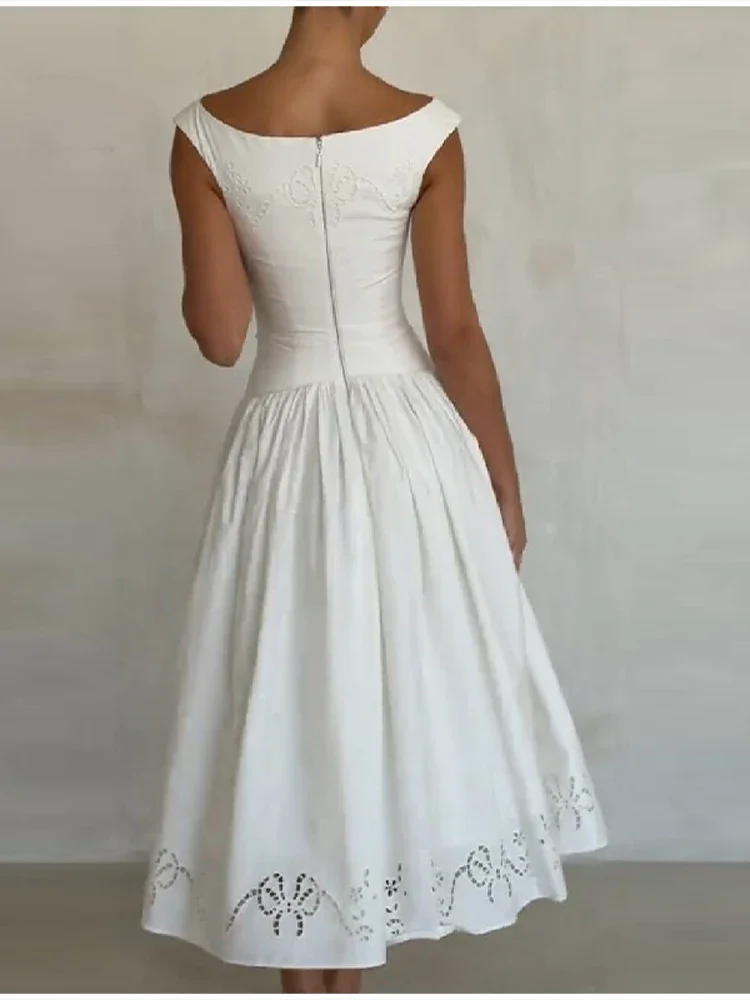 Elegantes weißes schulterfreies Midikleid mit modischer Stickerei, tailliert, A-Linie, Vestidos, schickes Sommer-Abendoutfit für Damen – Detail 5