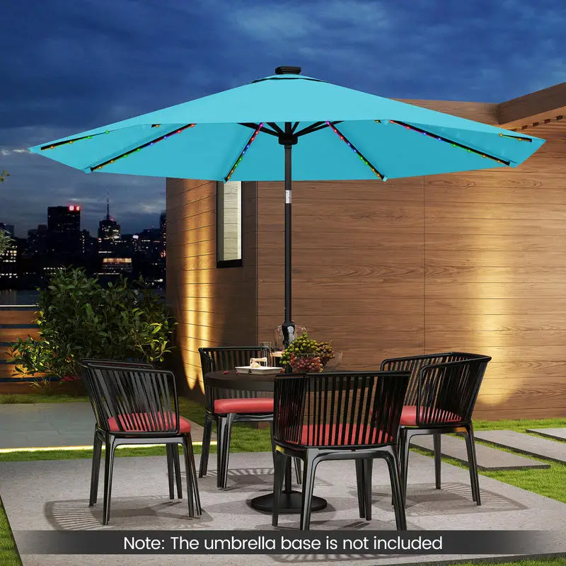 10Ft Solar Patio Umbrella With 96 Led Lights, Metal Ribs, Tilt And Crank, Sun Shade For Outdoor Deck Pool Garden, Turquoise