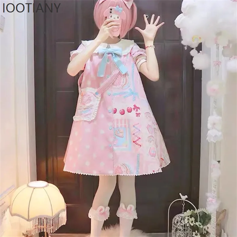 

Sweet Short-sleeved Summer Cute Soft Girl Dress High Waist Victorian Princess Dress Lace Bow Cute Print Kawaii Girl Lolita 2025
