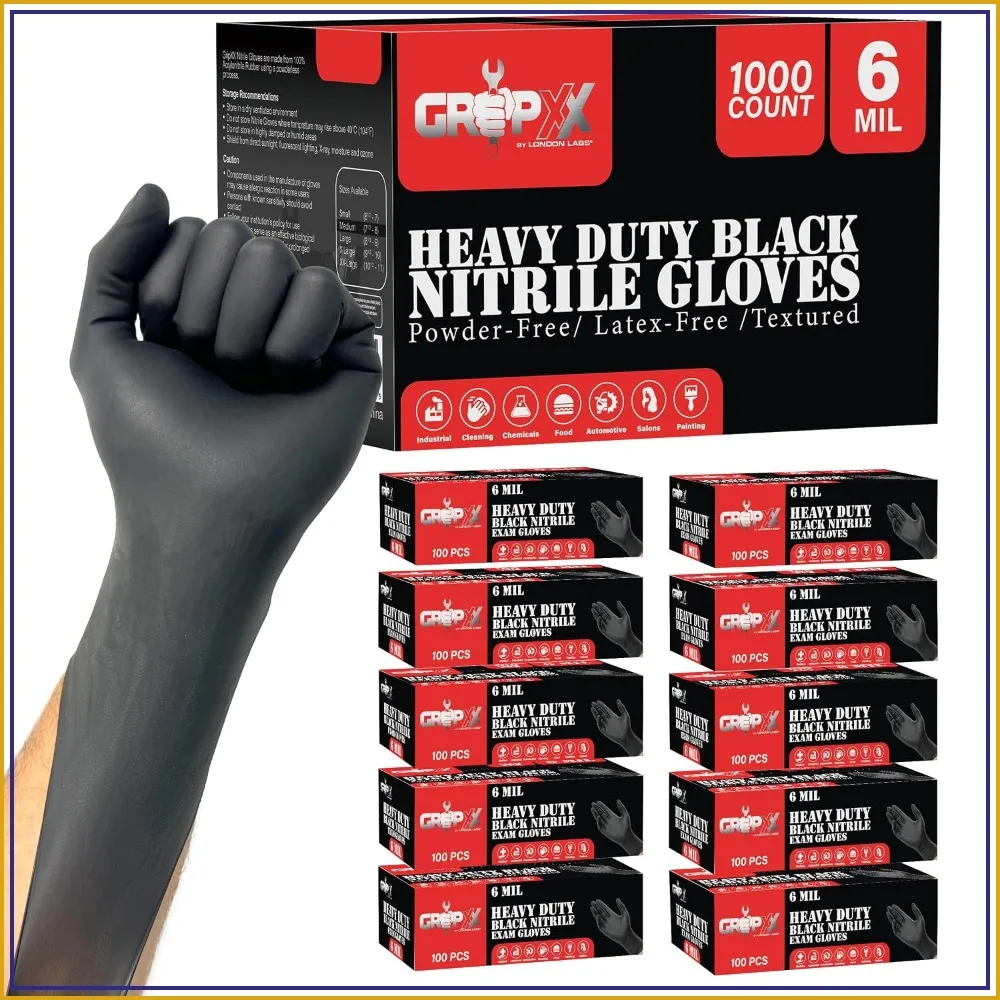 

Heavy Duty 6 Mil Black Nitrile Gloves - Disposable, Latex & Powder Free, 1000 Count Bulk Case