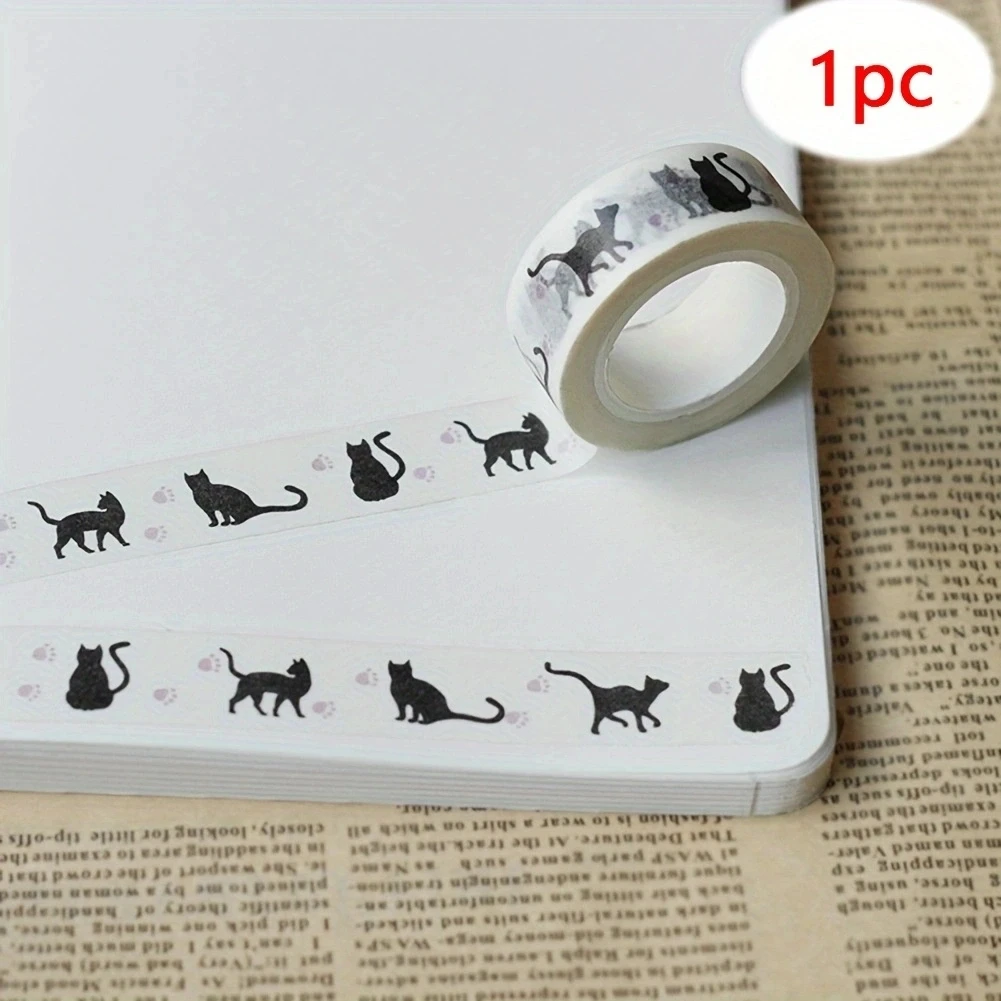 1Roll Cartoon Black Cat Print Paper Tapes Masking Tape Decorative Adhesive Tapes