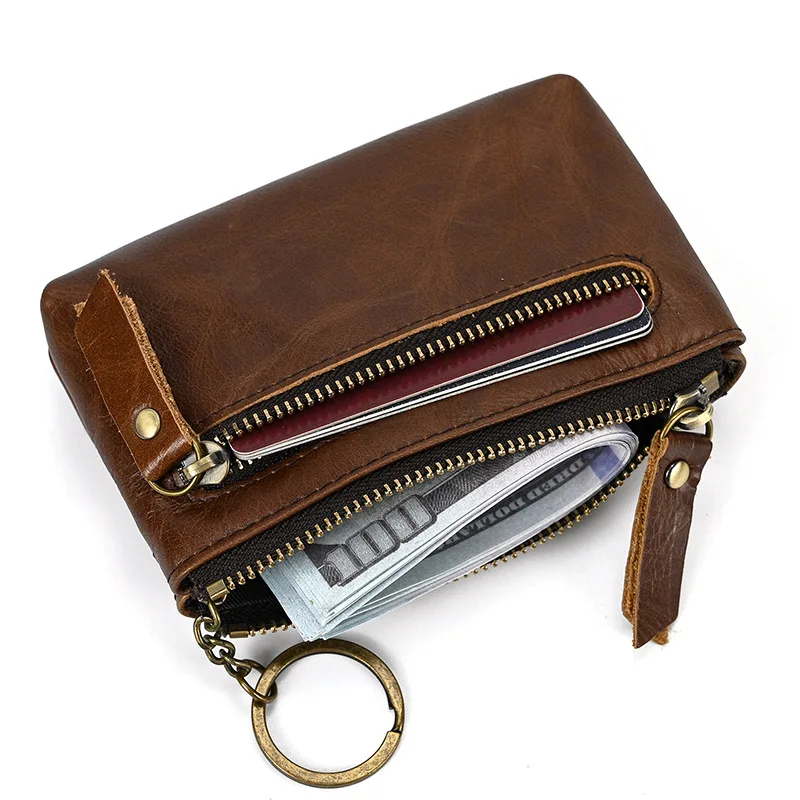 Vintage Crazy Horse Leather Coin Purse Unisex Top Grain Cowhide Zipper Small Pouch Keychain Integrated Portable Daily Carry Bag