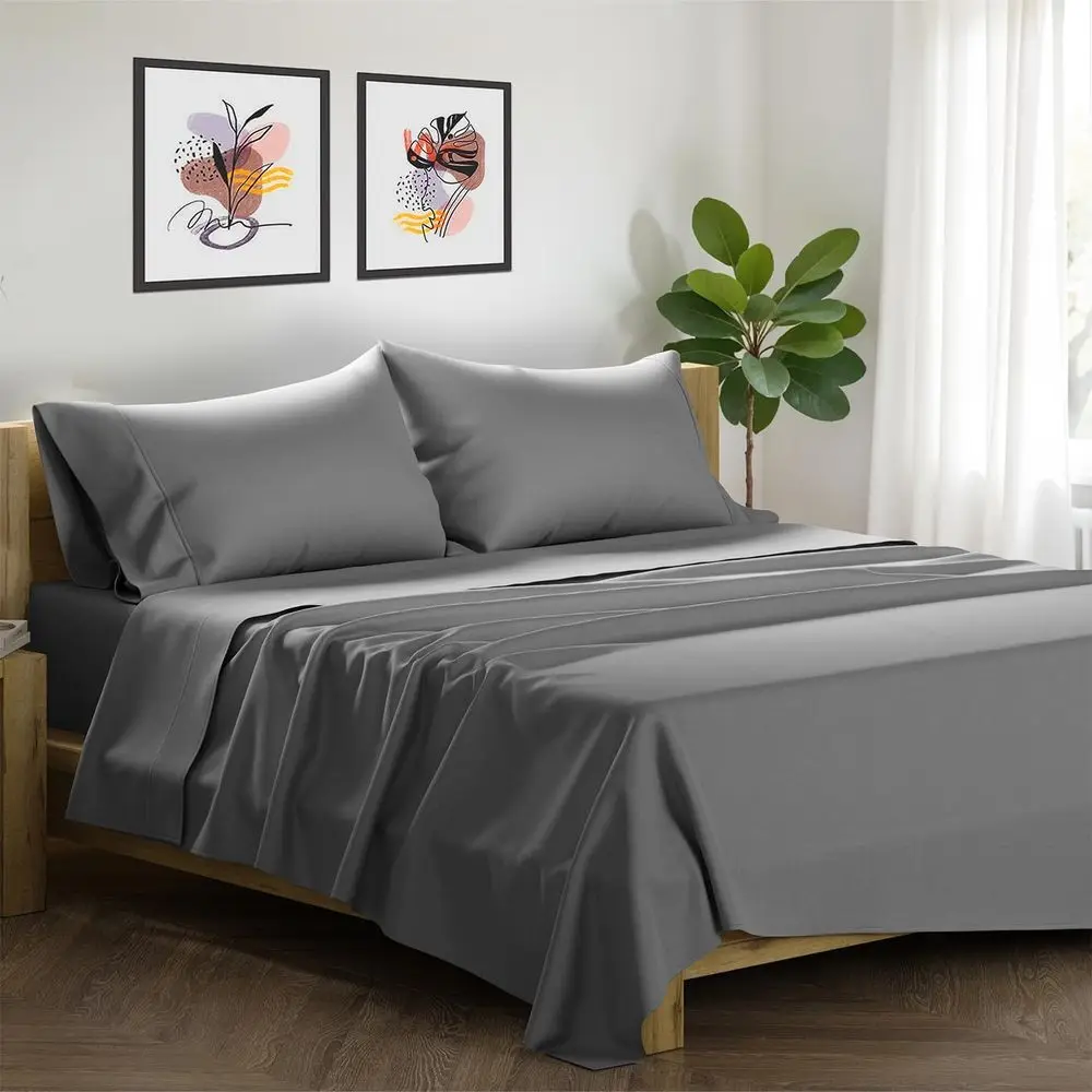 Draps King de luxe en coton égyptien 1500TC, poche profonde, satin doux, literie gris foncé de qualité hôtelière