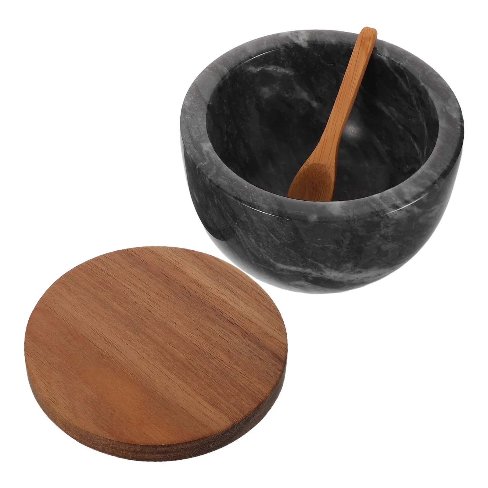 Marble Salt Cellar with Bamboo Lid Premium Salt Sugar Container Kitchen Spice Storage Box Seasoning Holder Stable Non-Slip
