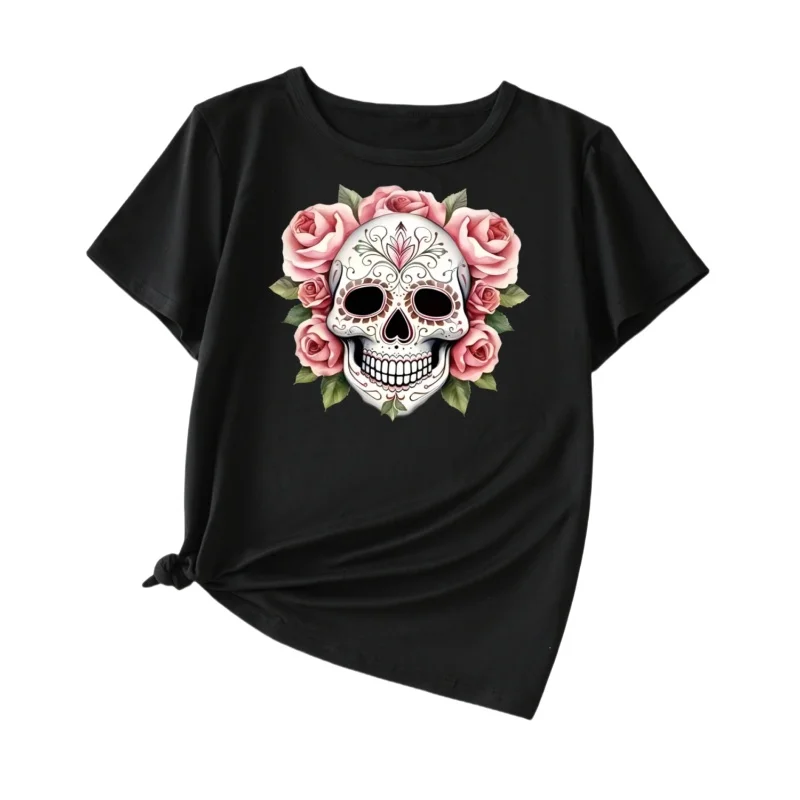 

Black round neck t-shirt with Halloween print, loose and age reducing front shoulder versatile casual top, trendy