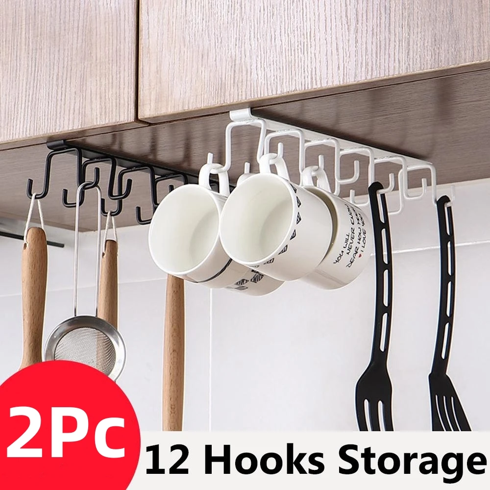 

2Pcs 6/12 Hooks Storage Shelf Wardrobe Cabinet Metal Under Shelves Mug Cup Hanger Bathroom Kitchen Organizer Hanging Rack Holder