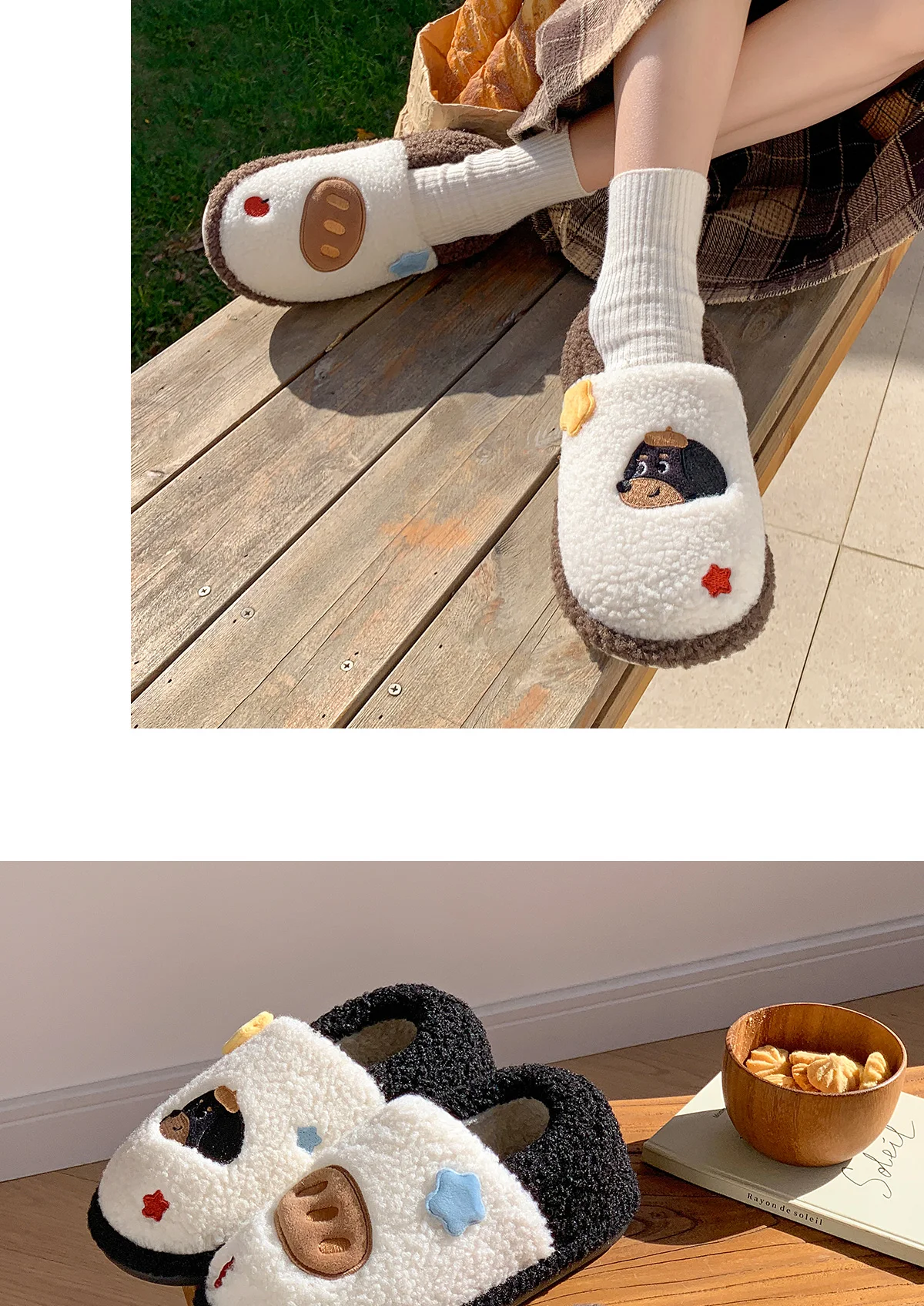 Damen-Hausschuhe mit Cartoon-Hundemotiv, geschlossener Rücken, warm, flauschig, weich, dicke Sohle, rutschfest, für den Winter, für drinnen. – Detail 14