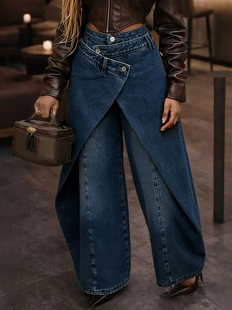 Vintage Asymmetrical Wide Leg Baggy Jeans Women High Waist Deconstruct Two Fake Loose Denim Pants Chic Elegant Y2K Streetwear