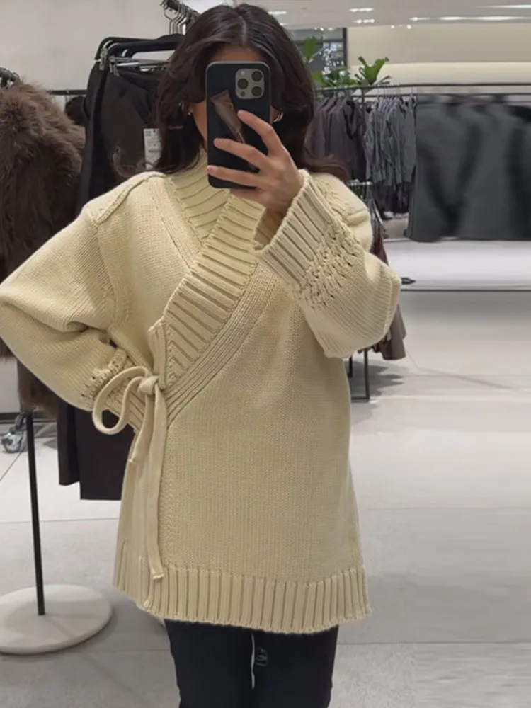 Solid Women Knitted Cardigan Long Sleeve V-neck Lace Up Long Female Coat Chic Lady Streetwear Autumn Commute 2026