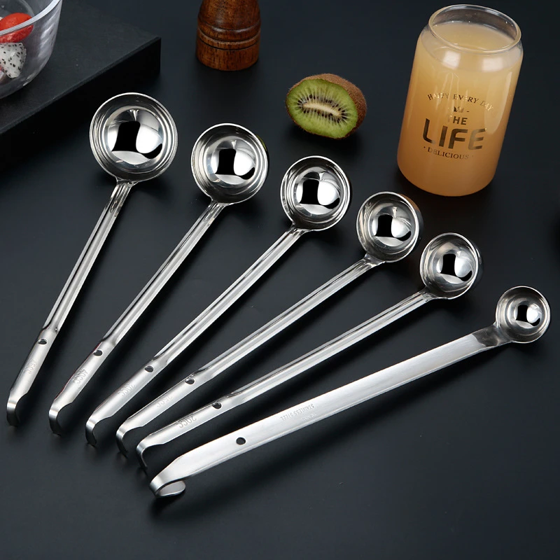 Long Handle Measuring Spoon with Scale Stainless Steel Serving Soup Ladle Multi-Size Ounce Spoons Tablespoons Cooking Tools