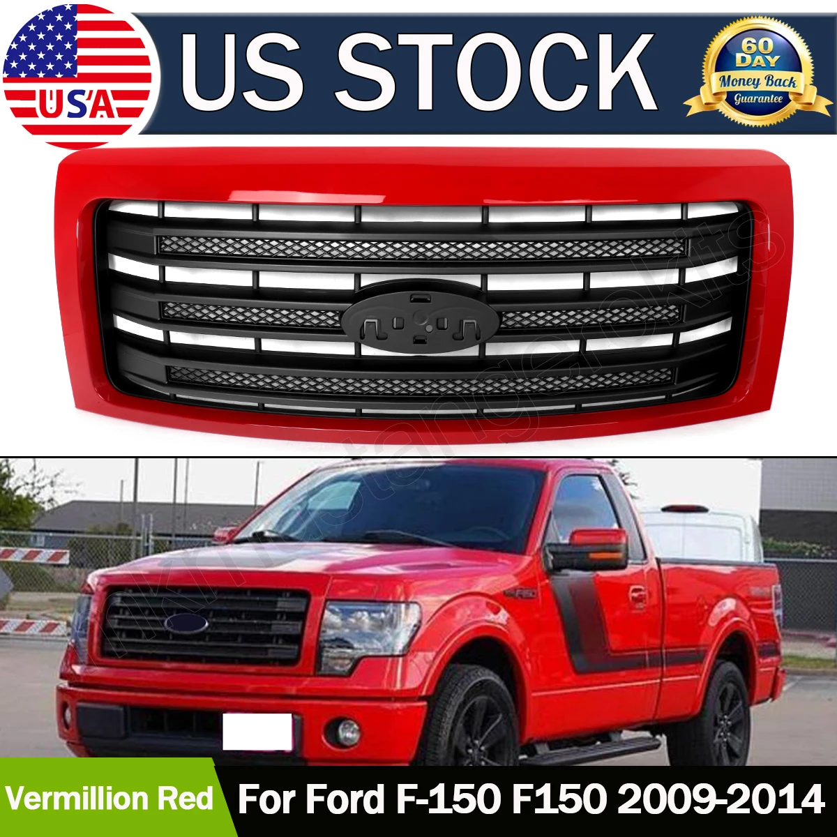 

Magickit Front Radiator Grille For Ford F150 F-150 2009 2010 2011 2012 2013 2014 3 Bar E4 Vermilion Red Modified Grills Assembly