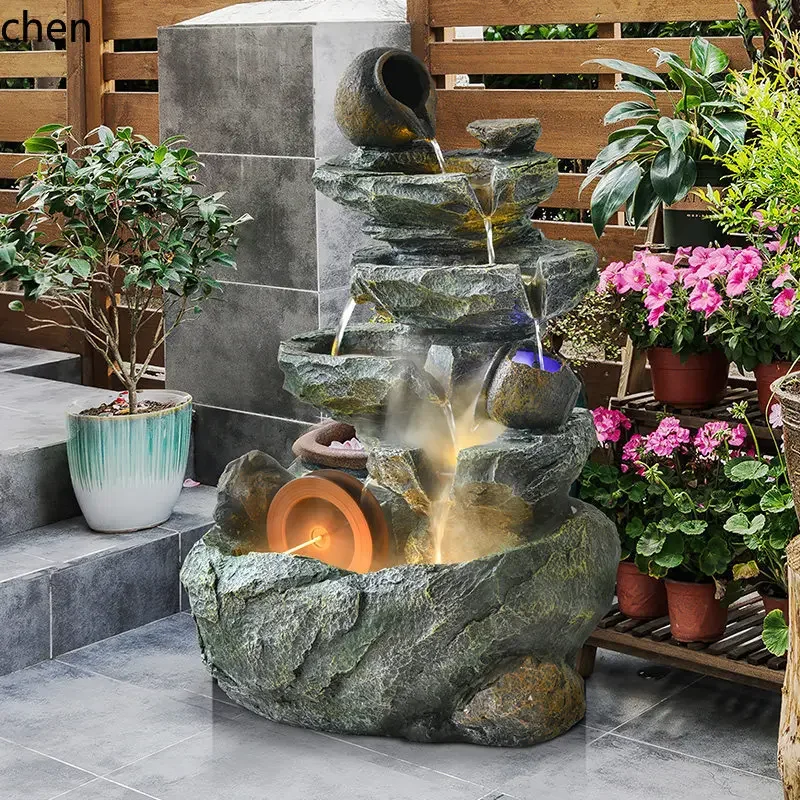 

a7 Outdoor garden rockery with ceramic pots, flowing water feature, recirculating water fountain, stone decor for landscaping