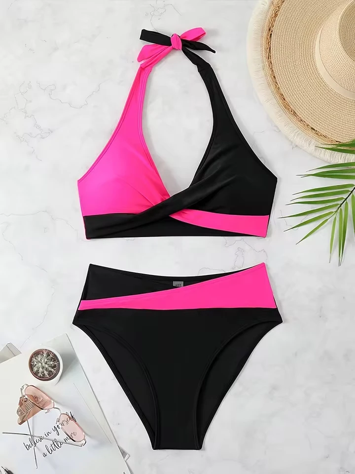 Vzvn 2026 New All Season Backless Bikinis Sexy Lace Up Contrast Color Beach Bikini for Women Split Swimsuit Bikini 2 Piece Set